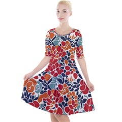 Colorfuleclecticfloralpattern Quarter Sleeve A-line Dress With Pockets