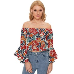 Colorfuleclecticfloralpattern Off Shoulder Flutter Bell Sleeve Top