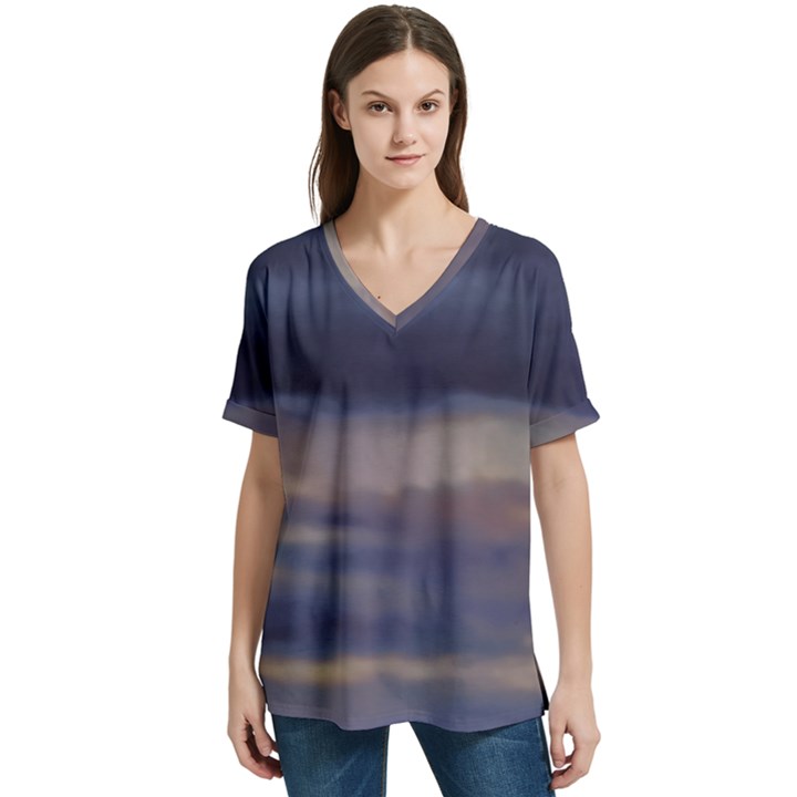 Twilight Serenade Print V-Neck Split Shoulder Casual T-Shirt