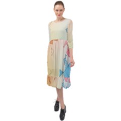 Background Pastel Geometric Lines Ruffle End Midi Chiffon Dress