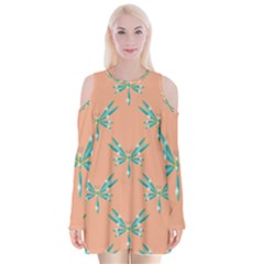 Turquoise Dragonfly Insect Paper Velvet Long Sleeve Shoulder Cutout Dress