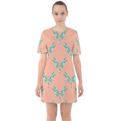 Turquoise Dragonfly Insect Paper Sixties Short Sleeve Mini Dress