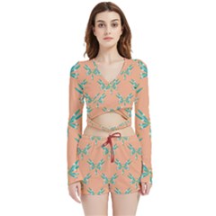 Turquoise Dragonfly Insect Paper Velvet Wrap Crop Top And Shorts Set