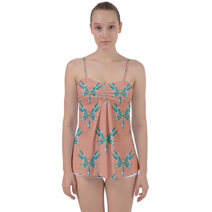 Turquoise Dragonfly Insect Paper Babydoll Tankini Top