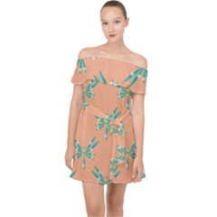 Turquoise Dragonfly Insect Paper Off Shoulder Chiffon Dress by anzea