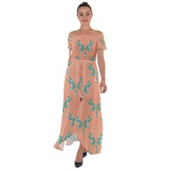 Turquoise Dragonfly Insect Paper Off Shoulder Open Front Chiffon Dress by anzea