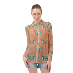 Turquoise Dragonfly Insect Paper Long Sleeve Chiffon Shirt