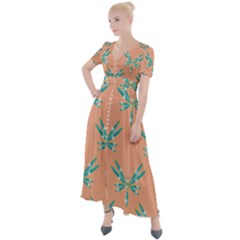 Turquoise Dragonfly Insect Paper Button Up Short Sleeve Maxi Dress