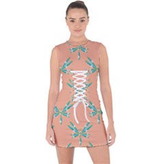 Turquoise Dragonfly Insect Paper Lace Up Front Bodycon Dress