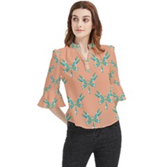 Turquoise Dragonfly Insect Paper Loose Horn Sleeve Chiffon Blouse