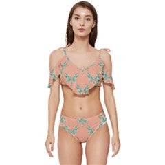 Turquoise Dragonfly Insect Paper Ruffle Edge Tie Up Bikini Set	