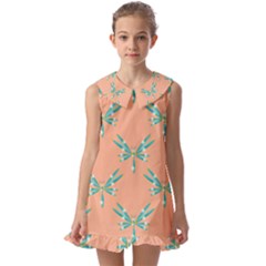 Turquoise Dragonfly Insect Paper Kids  Pilgrim Collar Ruffle Hem Dress by anzea