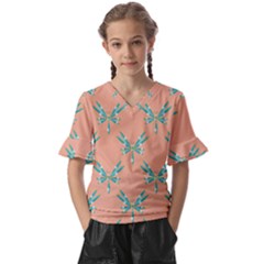 Turquoise Dragonfly Insect Paper Kids  V-neck Horn Sleeve Blouse