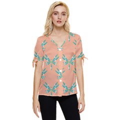 Turquoise Dragonfly Insect Paper Bow Sleeve Button Up Top by anzea