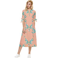 Turquoise Dragonfly Insect Paper Bow Sleeve Chiffon Midi Dress by anzea