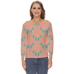 Turquoise Dragonfly Insect Paper Cut Out Wide Sleeve Top