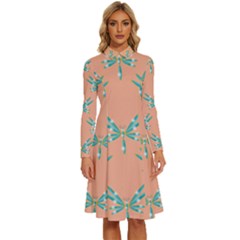 Turquoise Dragonfly Insect Paper Long Sleeve Shirt Collar A-line Dress