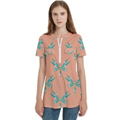 Turquoise Dragonfly Insect Paper Women s Zip Front V-neck Short Sleeve Casual Top Pocket Shirt