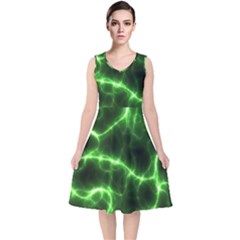 Lightning Electricity Pattern Green V-neck Midi Sleeveless Dress  by anzea