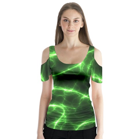 Lightning Electricity Pattern Green Butterfly Sleeve Cutout T-shirt  by anzea