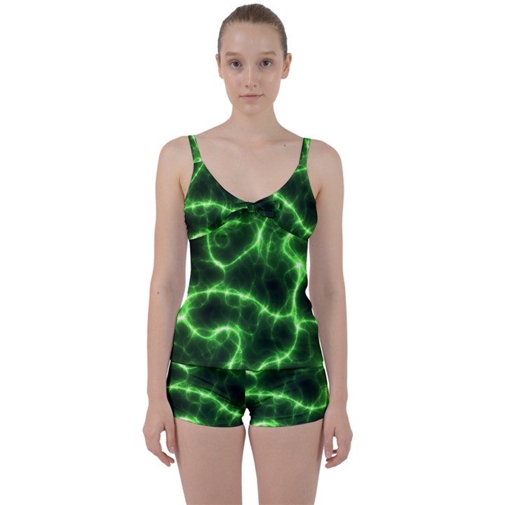 Lightning Electricity Pattern Green Tie Front Two Piece Tankini