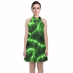 Lightning Electricity Pattern Green Velvet Halter Neckline Dress 