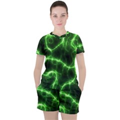 Lightning Electricity Pattern Green Women s T-shirt And Shorts Set