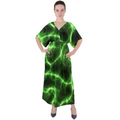 Lightning Electricity Pattern Green V-neck Boho Style Maxi Dress