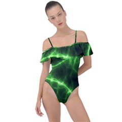 Lightning Electricity Pattern Green Frill Detail One Piece Swimsuit