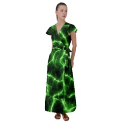 Lightning Electricity Pattern Green Flutter Sleeve Maxi Dress