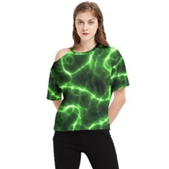 Lightning Electricity Pattern Green One Shoulder Cut Out T-shirt