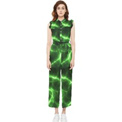 Lightning Electricity Pattern Green Women s Frill Top Chiffon Jumpsuit