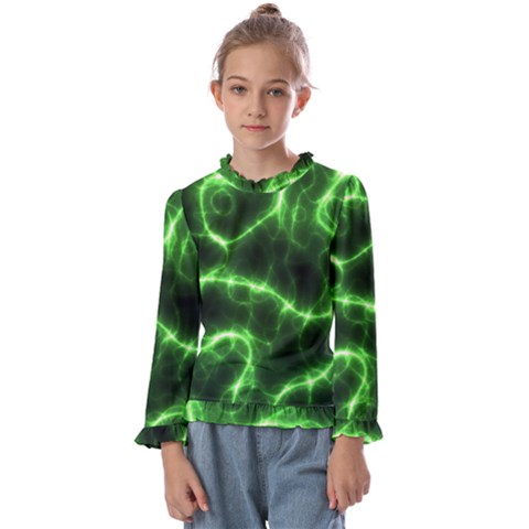 Lightning Electricity Pattern Green Kids  Frill Detail T-shirt by anzea