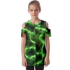 Lightning Electricity Pattern Green Fold Over Open Sleeve Top