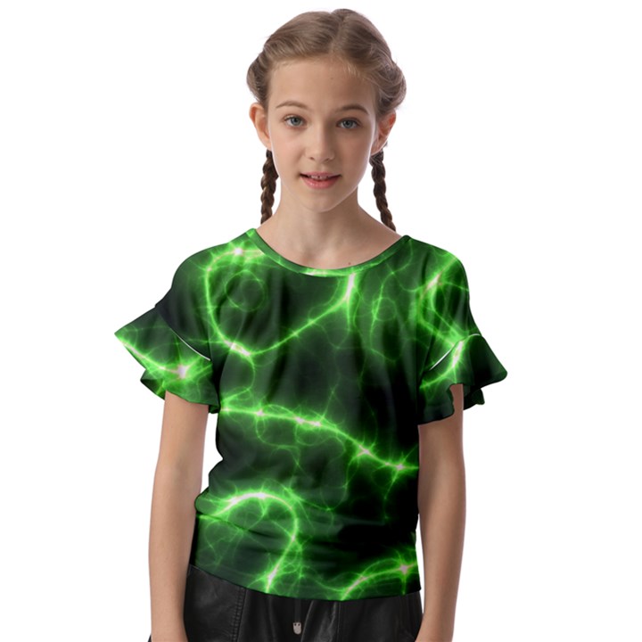 Lightning Electricity Pattern Green Kids  Cut Out Flutter Sleeves