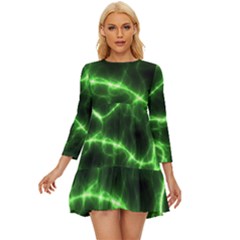 Lightning Electricity Pattern Green Long Sleeve Babydoll Dress