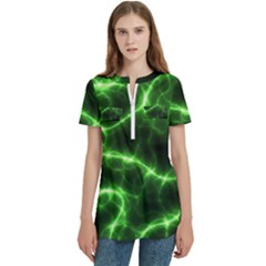 Lightning Electricity Pattern Green Women s Zip Front V-neck Short Sleeve Casual Top Pocket Shirt