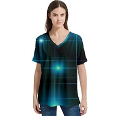 Light Shining Lighting Blue Night V-neck Split Shoulder Casual T-shirt by anzea