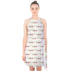 Wine Glass Pattern Halter Collar Waist Tie Chiffon Dress