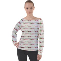 Wine Glass Pattern Off Shoulder Long Sleeve Velour Top