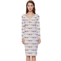 Wine Glass Pattern Long Sleeve V-neck Bodycon Dress 