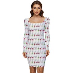 Wine Glass Pattern Women Long Sleeve Ruched Stretch Jersey Dress