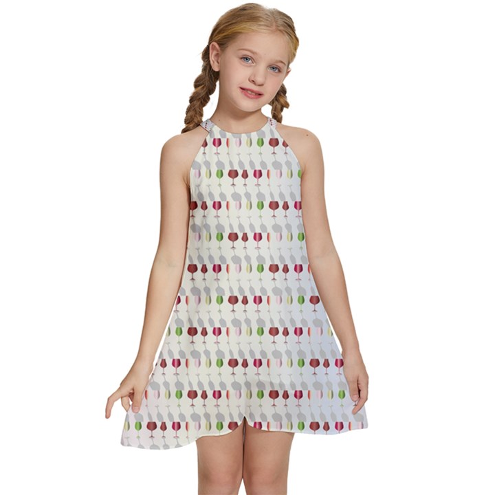 Wine Glass Pattern Kids  Halter Collar Waist Tie Chiffon Dress