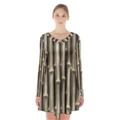 Bamboo Grass Long Sleeve Velvet V-neck Dress