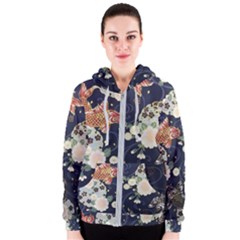 Japanese Wave Koi Illustration Pattern Women s Zipper Hoodie