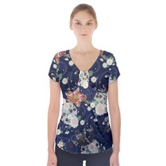 Japanese Wave Koi Illustration Pattern Short Sleeve Front Detail Top by Ndabl3x