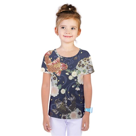 Japanese Wave Koi Illustration Pattern Kids  One Piece T-shirt by Ndabl3x