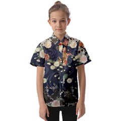 Japanese Wave Koi Illustration Pattern Kids  Short Sleeve Shirt