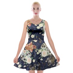 Japanese Wave Koi Illustration Pattern Velvet Skater Dress