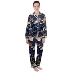 Japanese Wave Koi Illustration Pattern Women s Long Sleeve Satin Pajamas Set	 by Ndabl3x